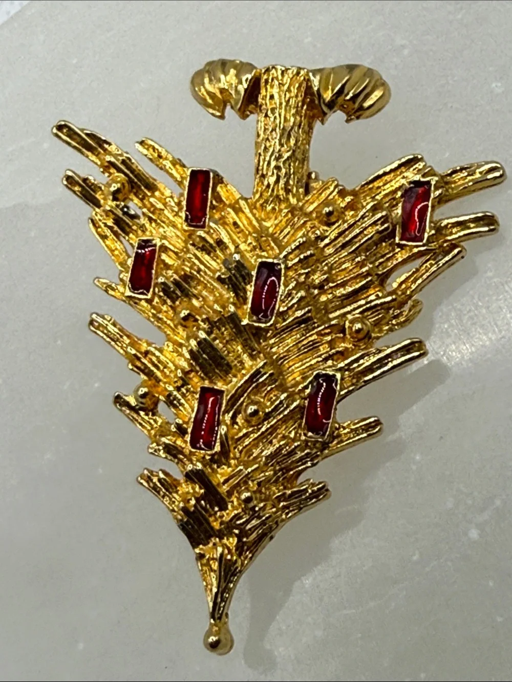 Vintage LIA Gold-tone Christmas Tree Brooch with Red enamel ornaments
